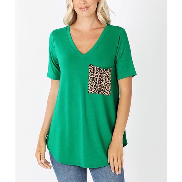Zenana Outfitters Tops - Green Tunic Shirt with Leopard Pocket , Size 1X,